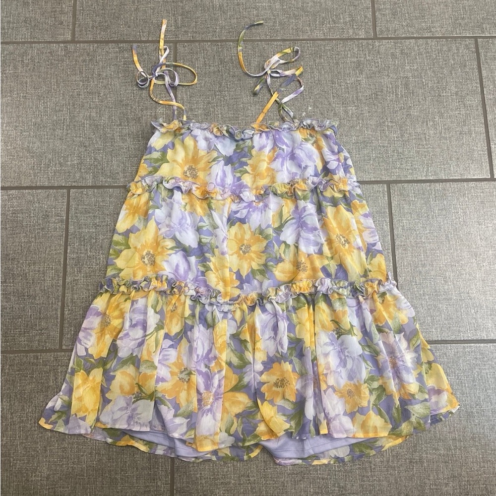 Lush Lilac Mini Ruffle Dress with Yellow Floral Accents.